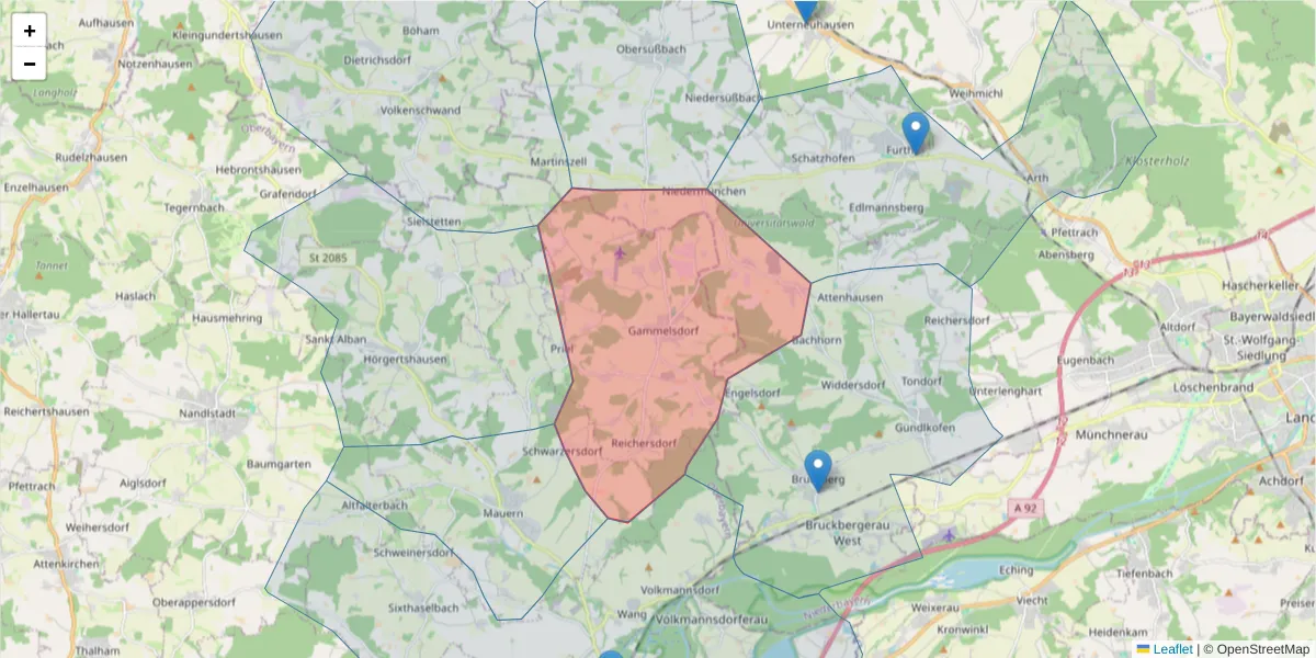 Karte des Postleitzahlen Bereichs  und der umliegenden Postleitzahlen in Deutschland