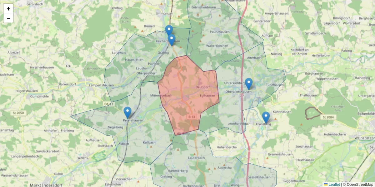 Karte des Postleitzahlen Bereichs  und der umliegenden Postleitzahlen in Deutschland