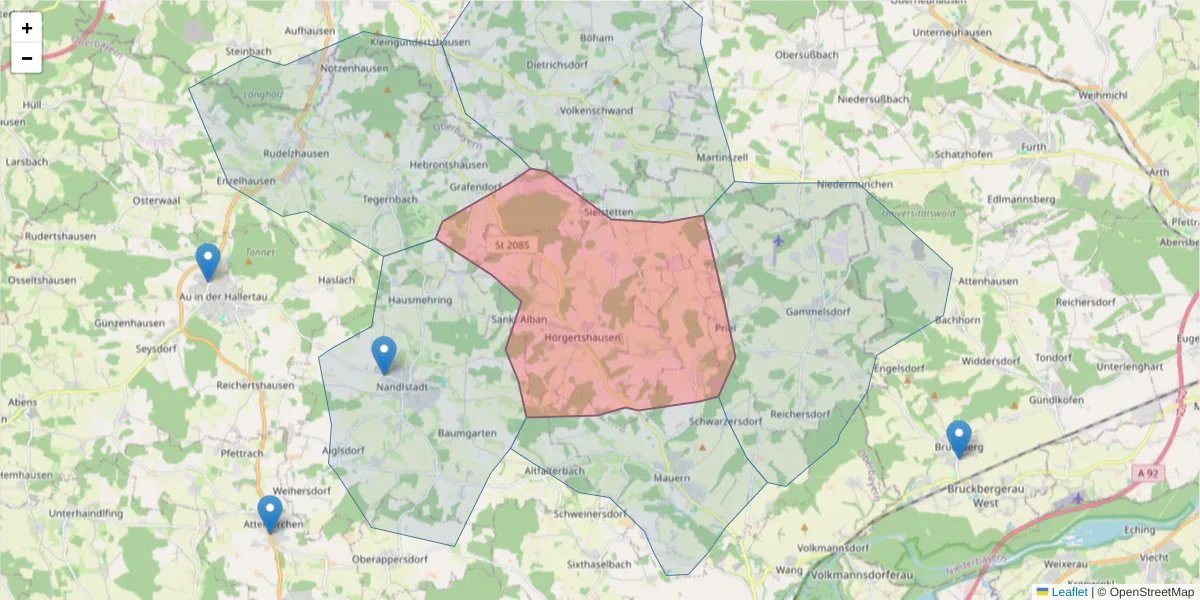 Karte des Postleitzahlen Bereichs  und der umliegenden Postleitzahlen in Deutschland