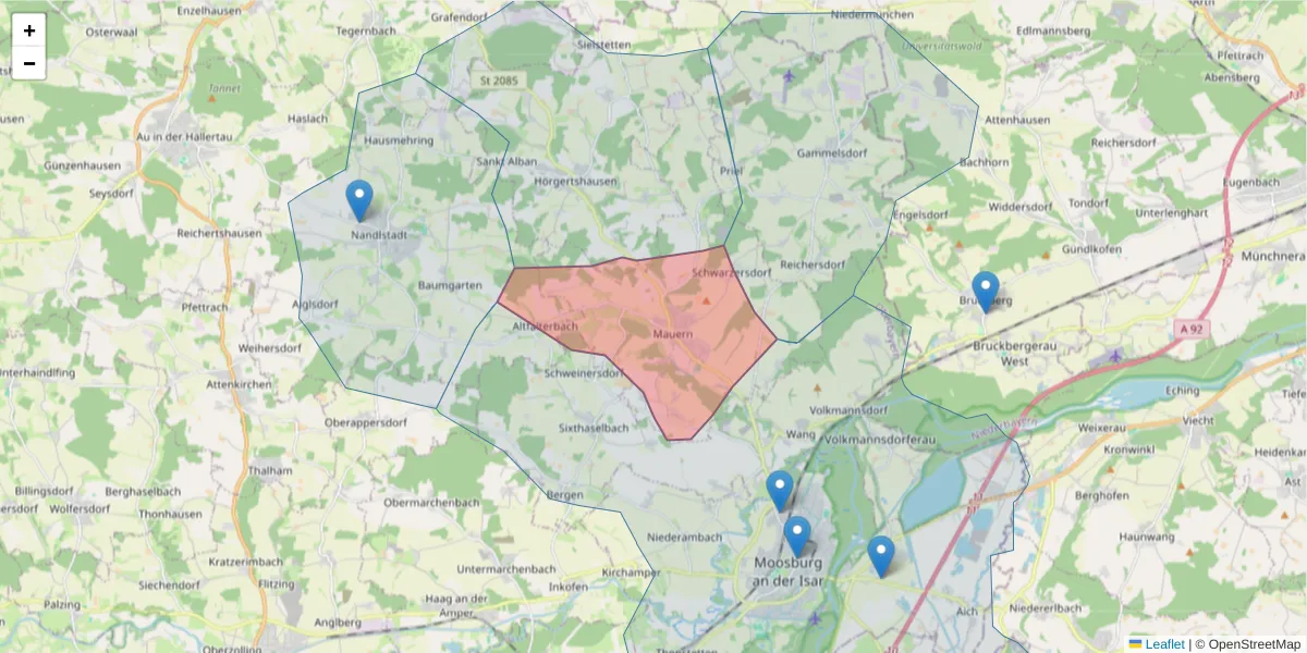 Karte des Postleitzahlen Bereichs  und der umliegenden Postleitzahlen in Deutschland