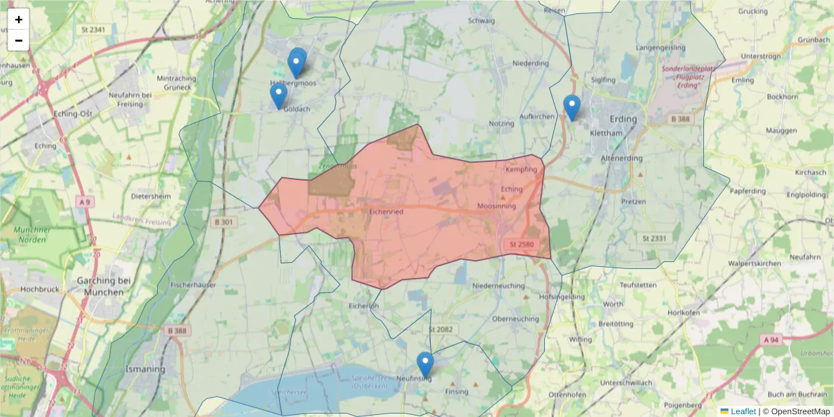 Karte des Postleitzahlen Bereichs  und der umliegenden Postleitzahlen in Deutschland