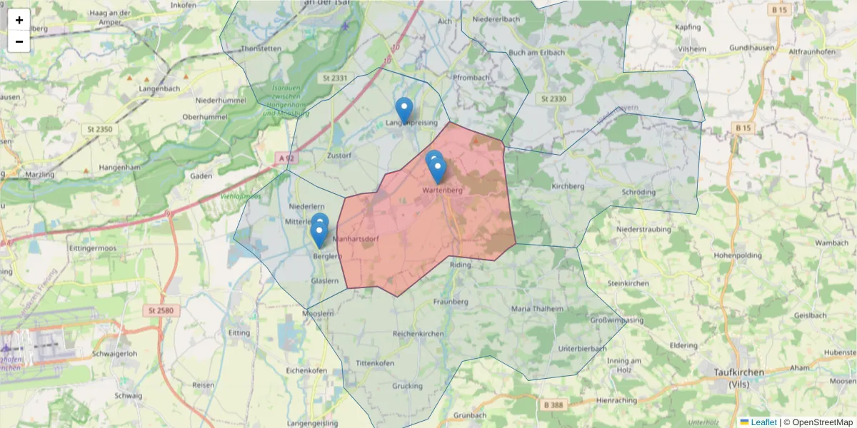 Karte des Postleitzahlen Bereichs  und der umliegenden Postleitzahlen in Deutschland