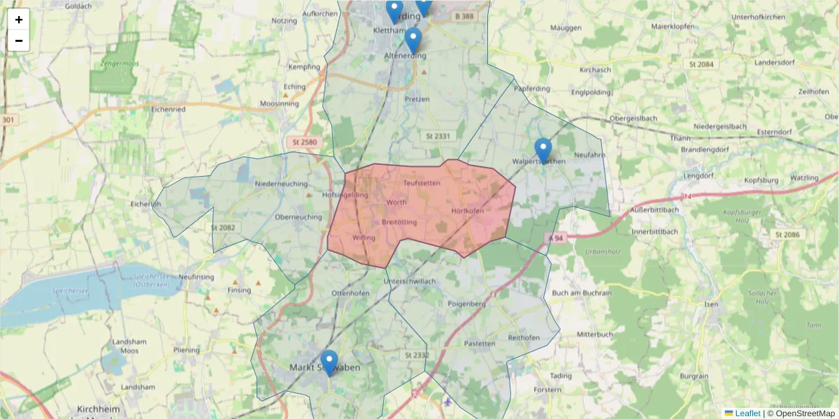 Karte des Postleitzahlen Bereichs  und der umliegenden Postleitzahlen in Deutschland