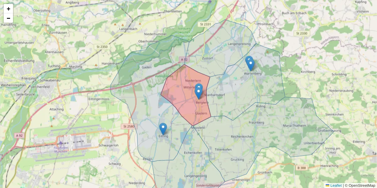 Karte des Postleitzahlen Bereichs  und der umliegenden Postleitzahlen in Deutschland