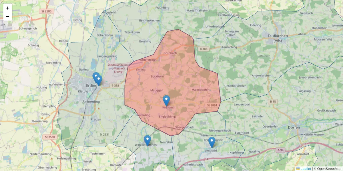 Karte des Postleitzahlen Bereichs  und der umliegenden Postleitzahlen in Deutschland
