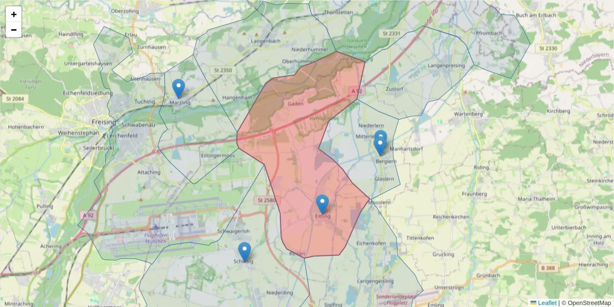 Karte des Postleitzahlen Bereichs  und der umliegenden Postleitzahlen in Deutschland