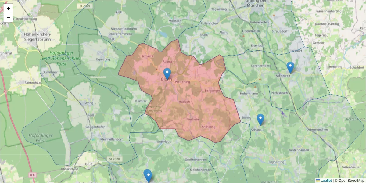 Karte des Postleitzahlen Bereichs  und der umliegenden Postleitzahlen in Deutschland