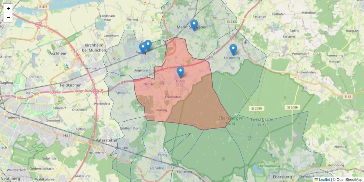 Karte des Postleitzahlen Bereichs  und der umliegenden Postleitzahlen in Deutschland