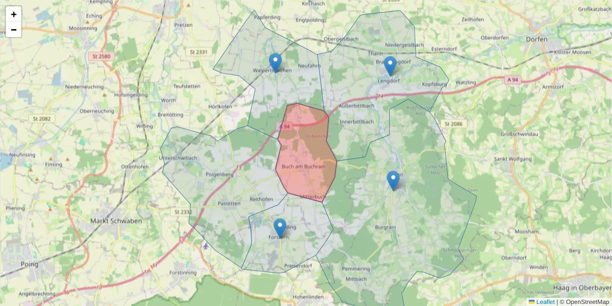 Karte des Postleitzahlen Bereichs  und der umliegenden Postleitzahlen in Deutschland