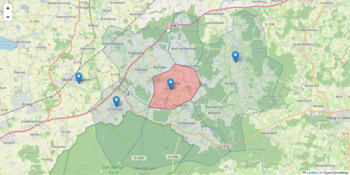 Karte des Postleitzahlen Bereichs  und der umliegenden Postleitzahlen in Deutschland