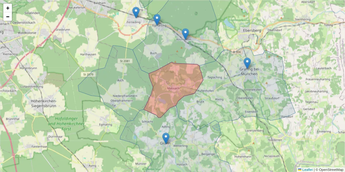 Karte des Postleitzahlen Bereichs  und der umliegenden Postleitzahlen in Deutschland