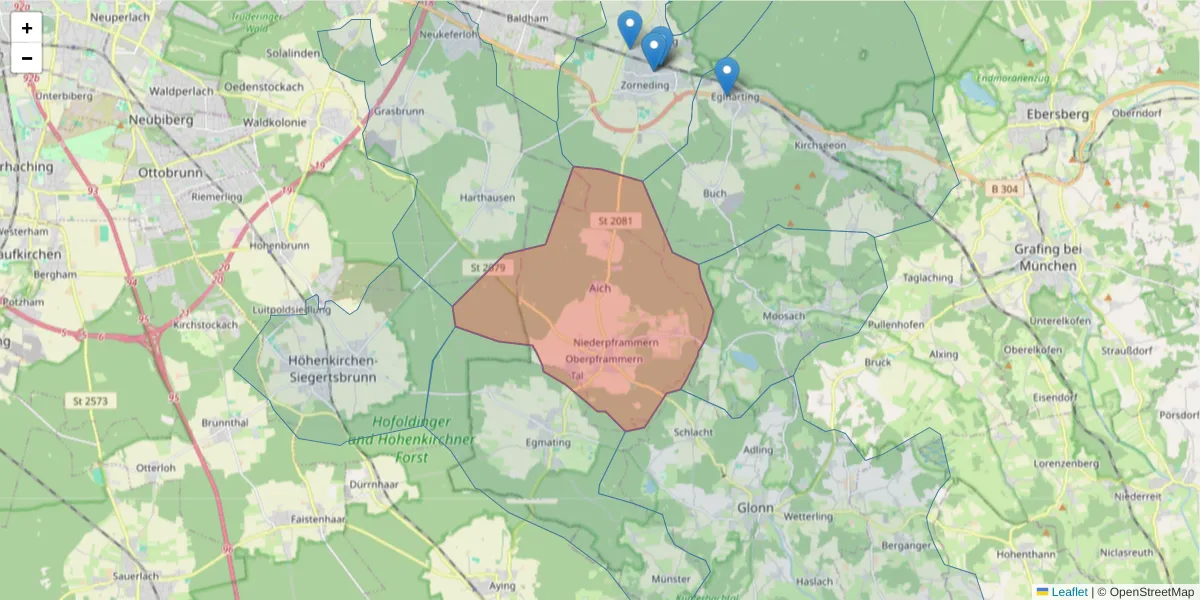 Karte des Postleitzahlen Bereichs  und der umliegenden Postleitzahlen in Deutschland