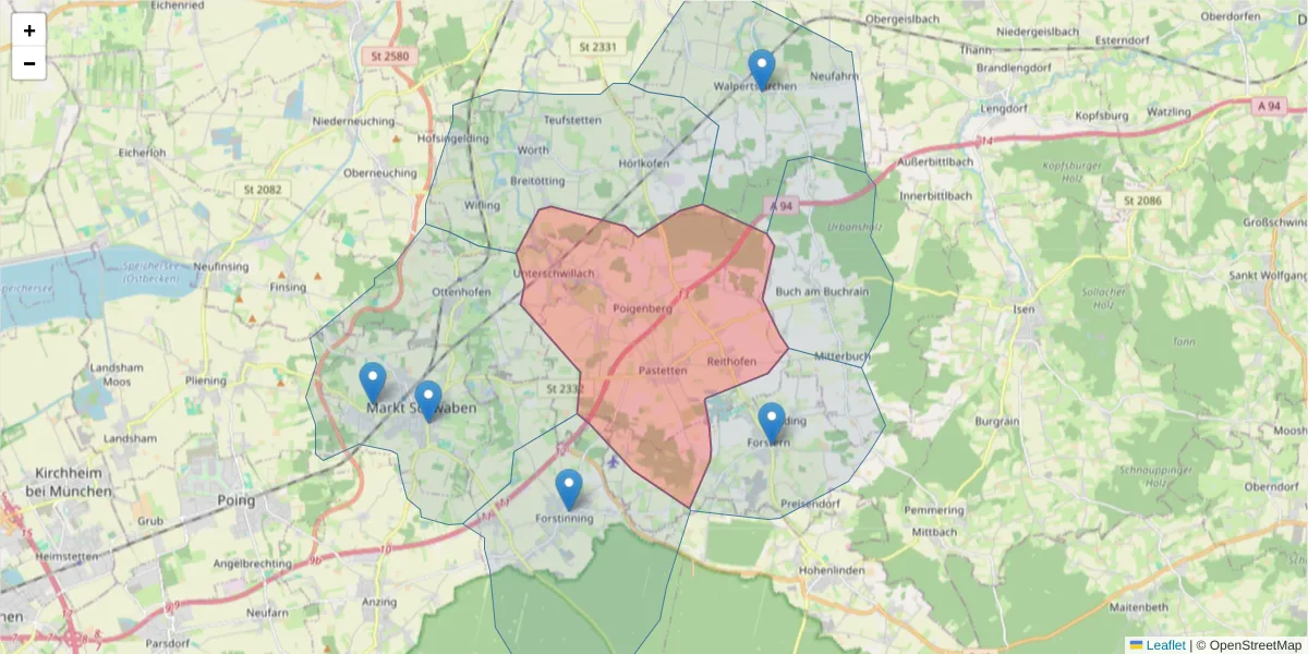 Karte des Postleitzahlen Bereichs  und der umliegenden Postleitzahlen in Deutschland