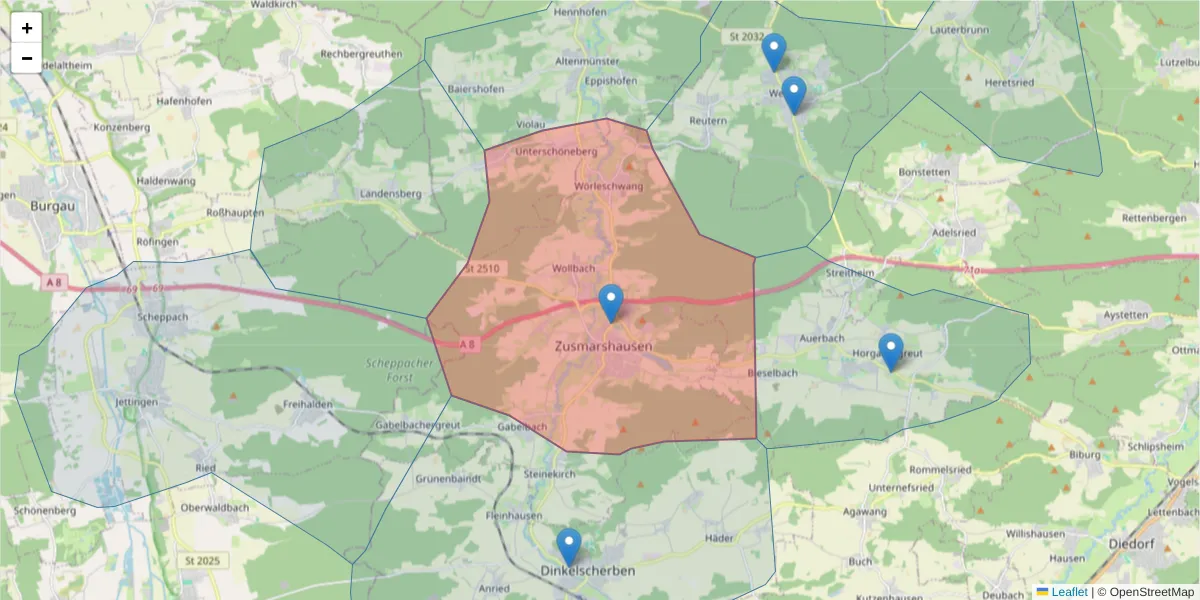 Karte des Postleitzahlen Bereichs  und der umliegenden Postleitzahlen in Deutschland