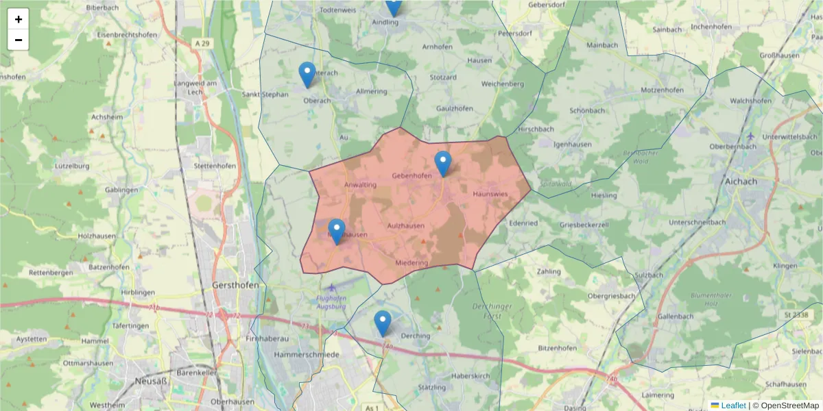 Karte des Postleitzahlen Bereichs  und der umliegenden Postleitzahlen in Deutschland