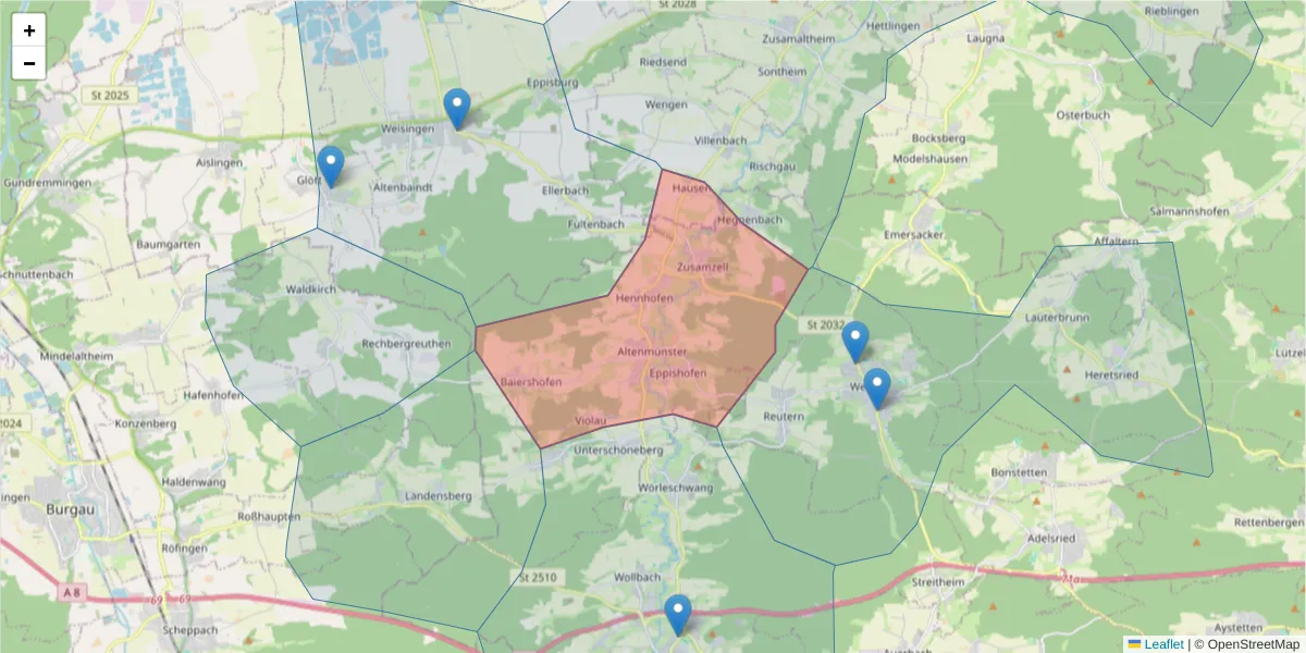 Karte des Postleitzahlen Bereichs  und der umliegenden Postleitzahlen in Deutschland