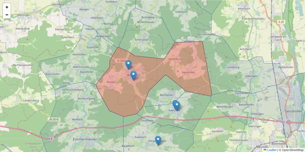 Karte des Postleitzahlen Bereichs  und der umliegenden Postleitzahlen in Deutschland