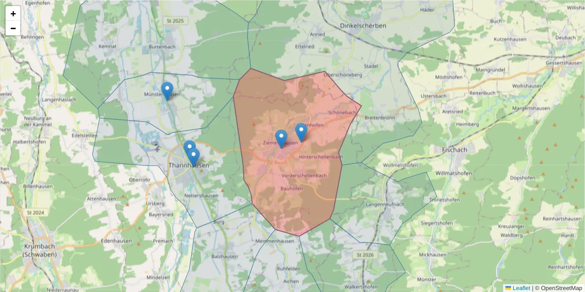 Karte des Postleitzahlen Bereichs  und der umliegenden Postleitzahlen in Deutschland