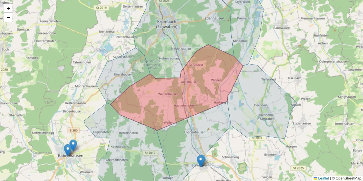 Karte des Postleitzahlen Bereichs  und der umliegenden Postleitzahlen in Deutschland