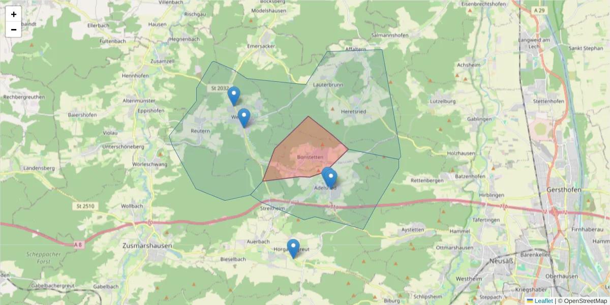 Karte des Postleitzahlen Bereichs  und der umliegenden Postleitzahlen in Deutschland