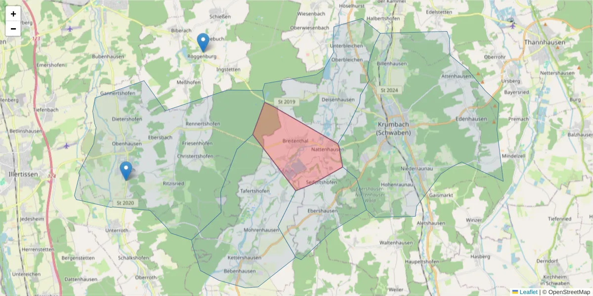 Karte des Postleitzahlen Bereichs  und der umliegenden Postleitzahlen in Deutschland