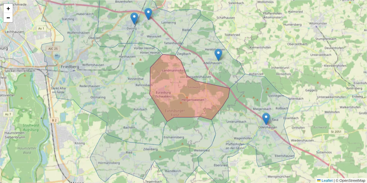 Karte des Postleitzahlen Bereichs  und der umliegenden Postleitzahlen in Deutschland