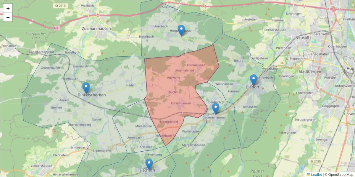 Karte des Postleitzahlen Bereichs  und der umliegenden Postleitzahlen in Deutschland