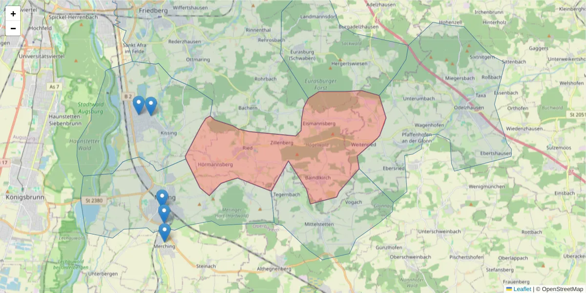 Karte des Postleitzahlen Bereichs  und der umliegenden Postleitzahlen in Deutschland