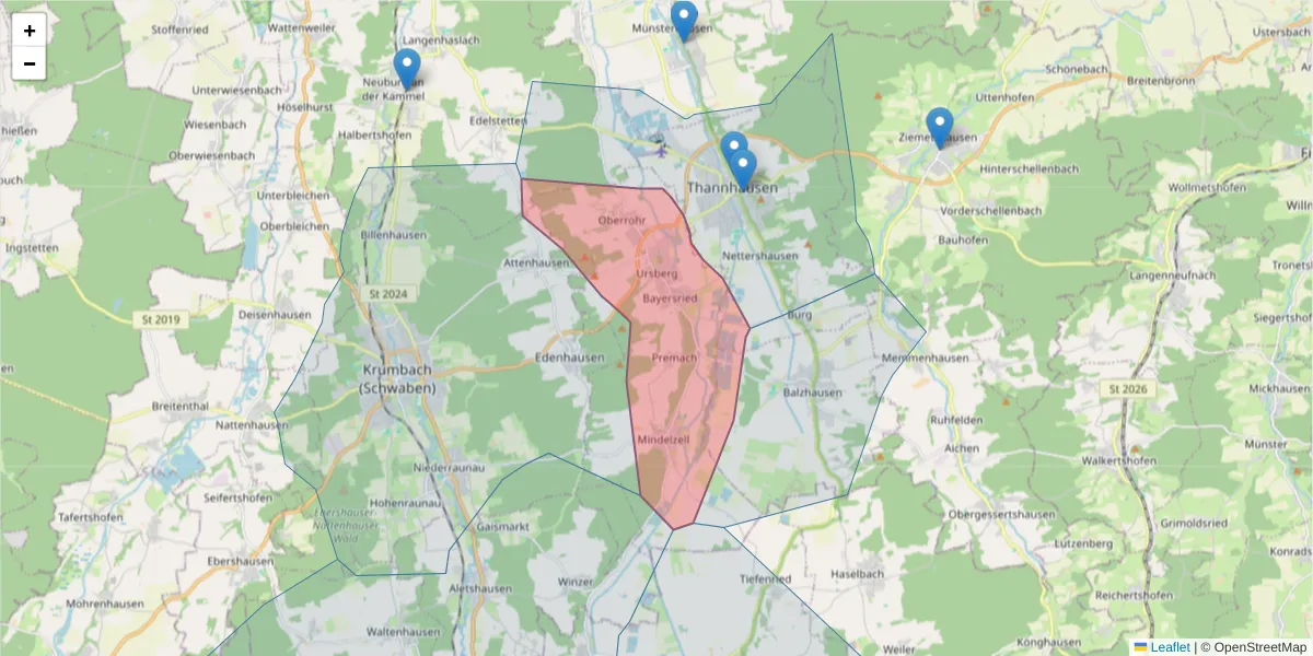 Karte des Postleitzahlen Bereichs  und der umliegenden Postleitzahlen in Deutschland