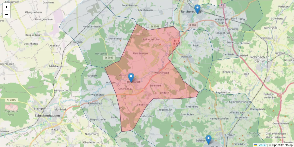 Karte des Postleitzahlen Bereichs  und der umliegenden Postleitzahlen in Deutschland