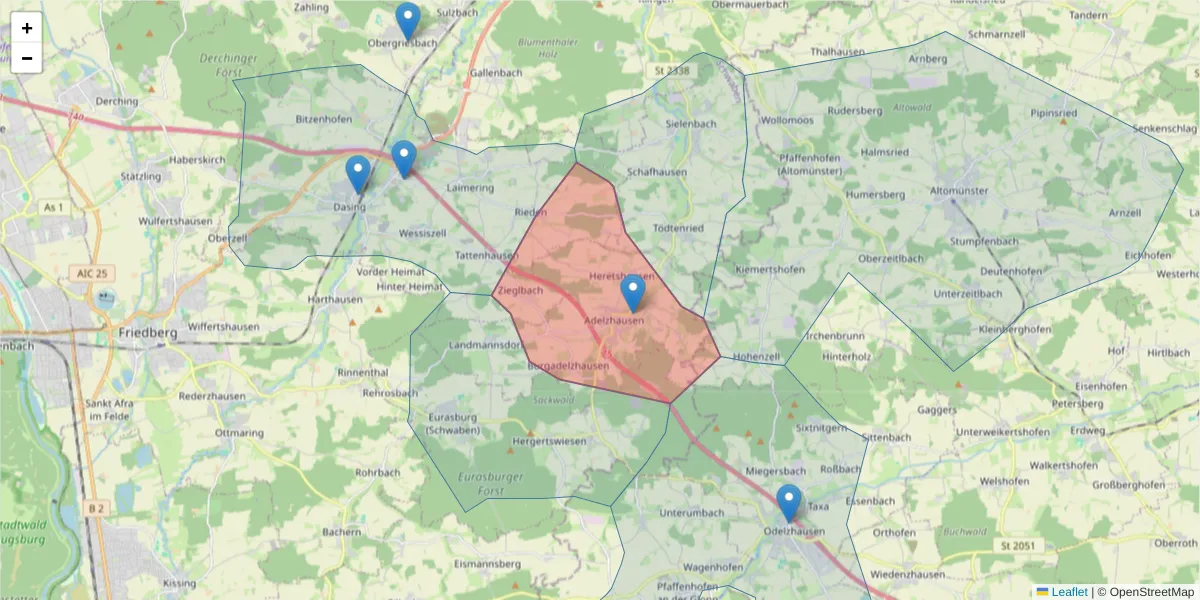 Karte des Postleitzahlen Bereichs  und der umliegenden Postleitzahlen in Deutschland