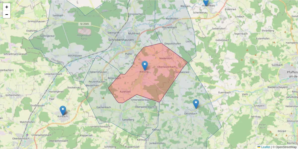 Karte des Postleitzahlen Bereichs  und der umliegenden Postleitzahlen in Deutschland