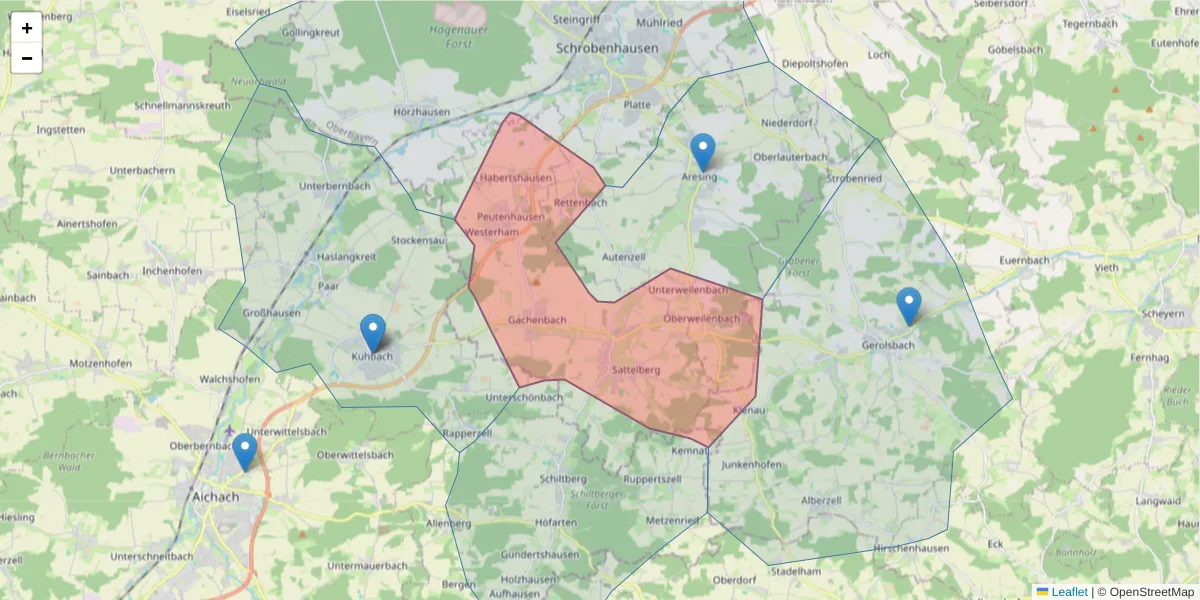 Karte des Postleitzahlen Bereichs  und der umliegenden Postleitzahlen in Deutschland