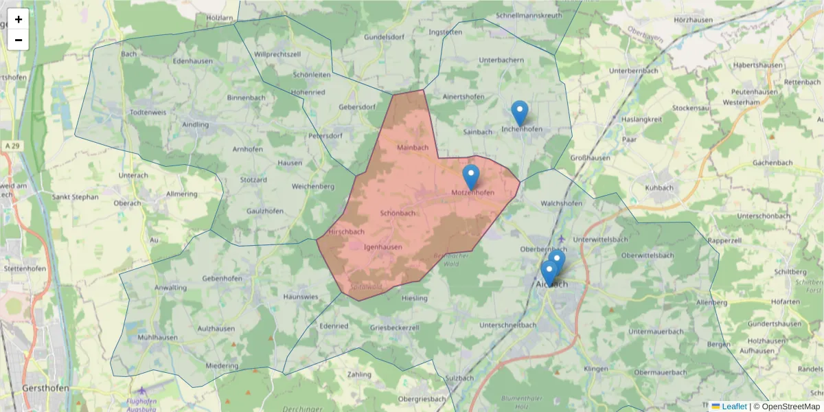 Karte des Postleitzahlen Bereichs  und der umliegenden Postleitzahlen in Deutschland
