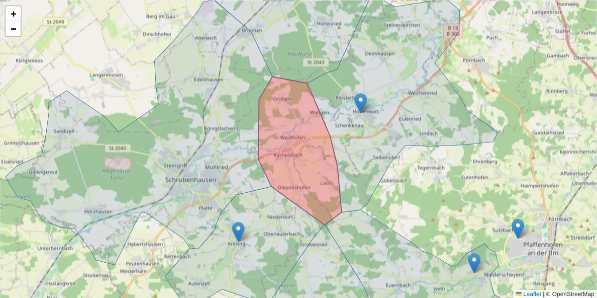 Karte des Postleitzahlen Bereichs  und der umliegenden Postleitzahlen in Deutschland