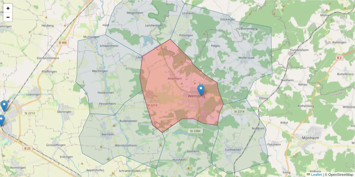 Karte des Postleitzahlen Bereichs  und der umliegenden Postleitzahlen in Deutschland