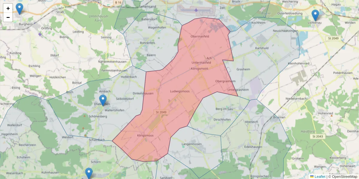 Karte des Postleitzahlen Bereichs  und der umliegenden Postleitzahlen in Deutschland