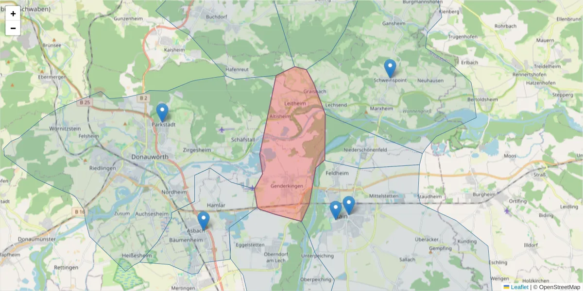 Karte des Postleitzahlen Bereichs  und der umliegenden Postleitzahlen in Deutschland