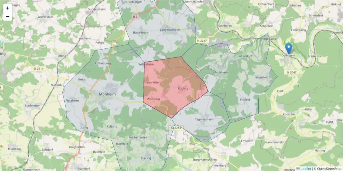 Karte des Postleitzahlen Bereichs  und der umliegenden Postleitzahlen in Deutschland