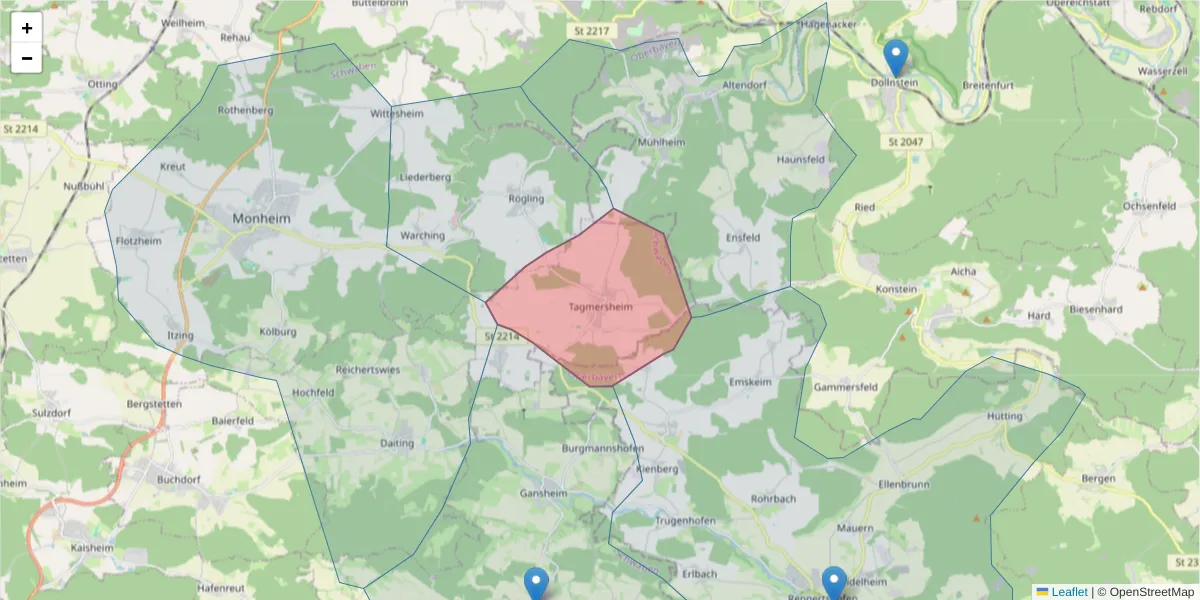 Karte des Postleitzahlen Bereichs  und der umliegenden Postleitzahlen in Deutschland