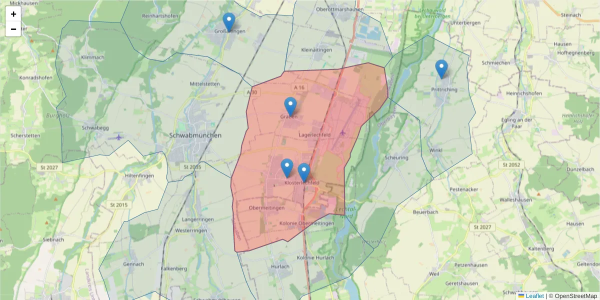 Karte des Postleitzahlen Bereichs  und der umliegenden Postleitzahlen in Deutschland