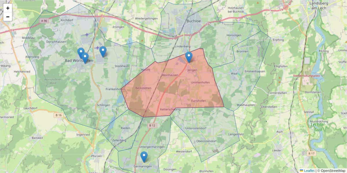 Karte des Postleitzahlen Bereichs  und der umliegenden Postleitzahlen in Deutschland