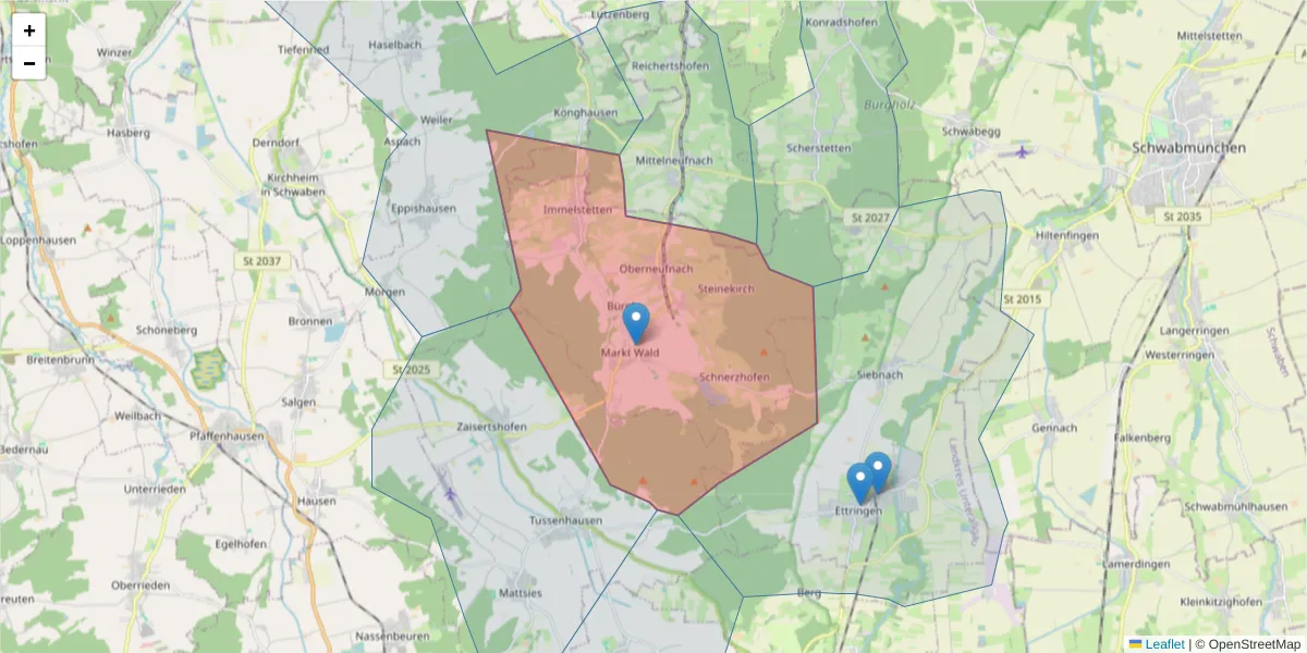 Karte des Postleitzahlen Bereichs  und der umliegenden Postleitzahlen in Deutschland