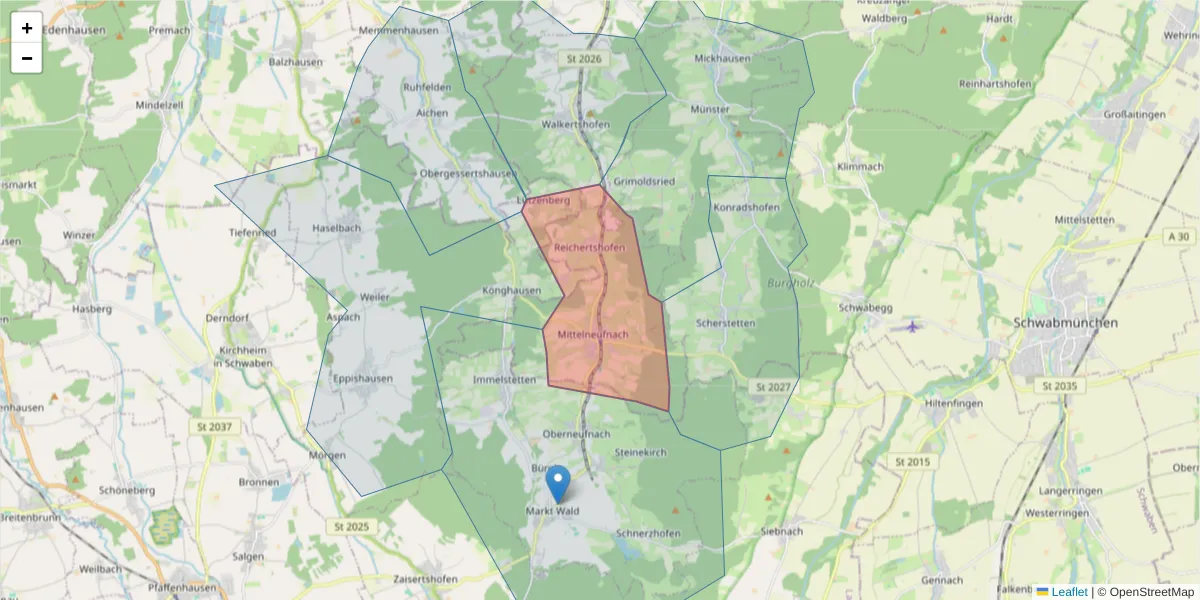 Karte des Postleitzahlen Bereichs  und der umliegenden Postleitzahlen in Deutschland