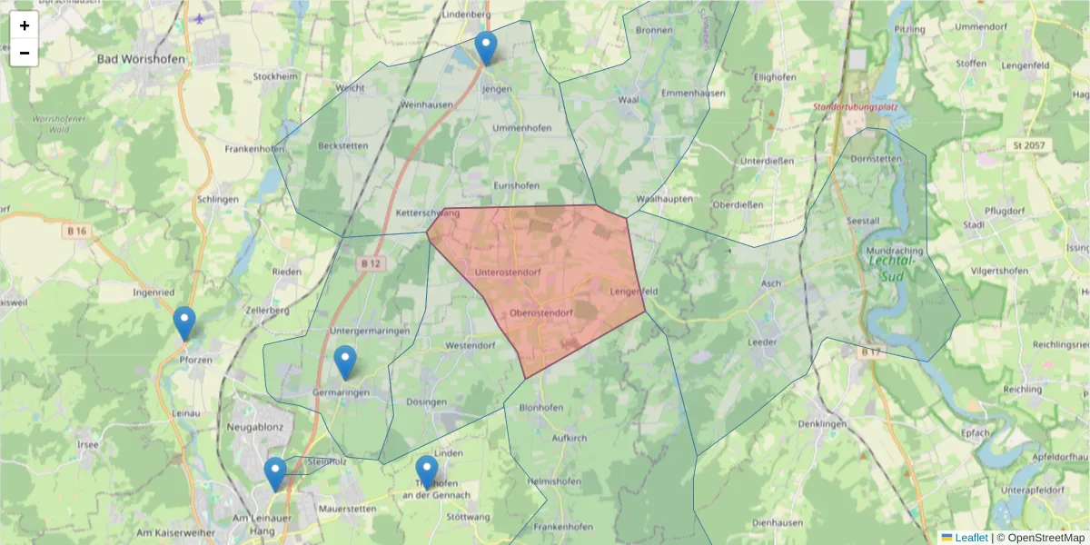Karte des Postleitzahlen Bereichs  und der umliegenden Postleitzahlen in Deutschland