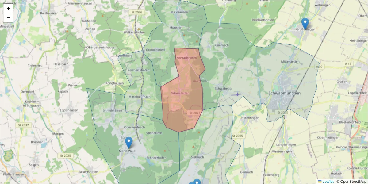 Karte des Postleitzahlen Bereichs  und der umliegenden Postleitzahlen in Deutschland