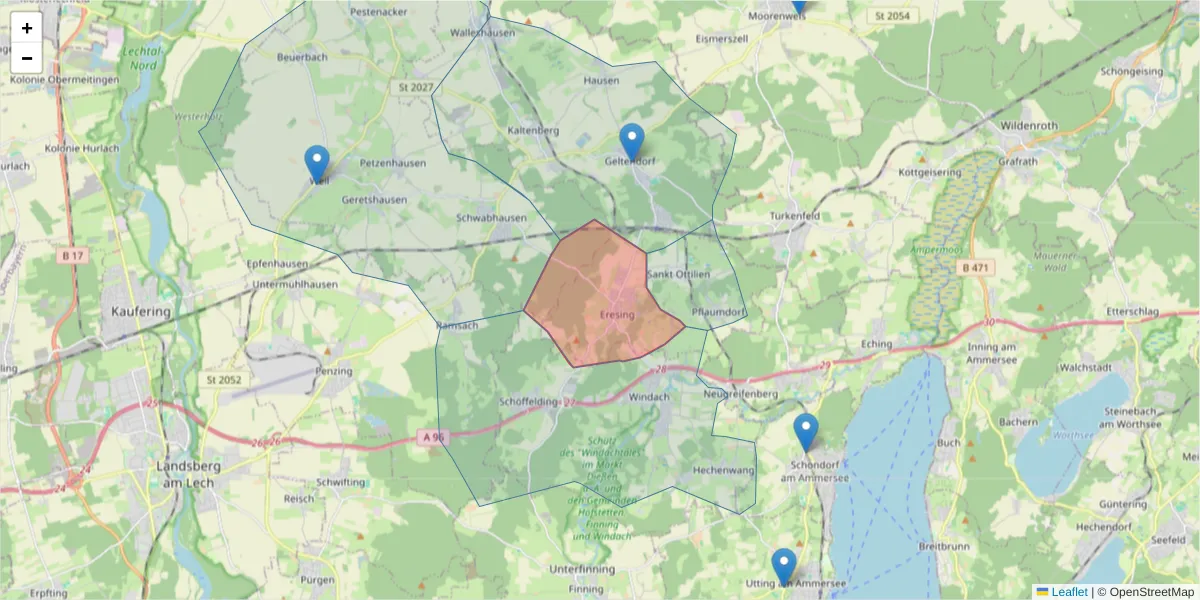 Karte des Postleitzahlen Bereichs  und der umliegenden Postleitzahlen in Deutschland