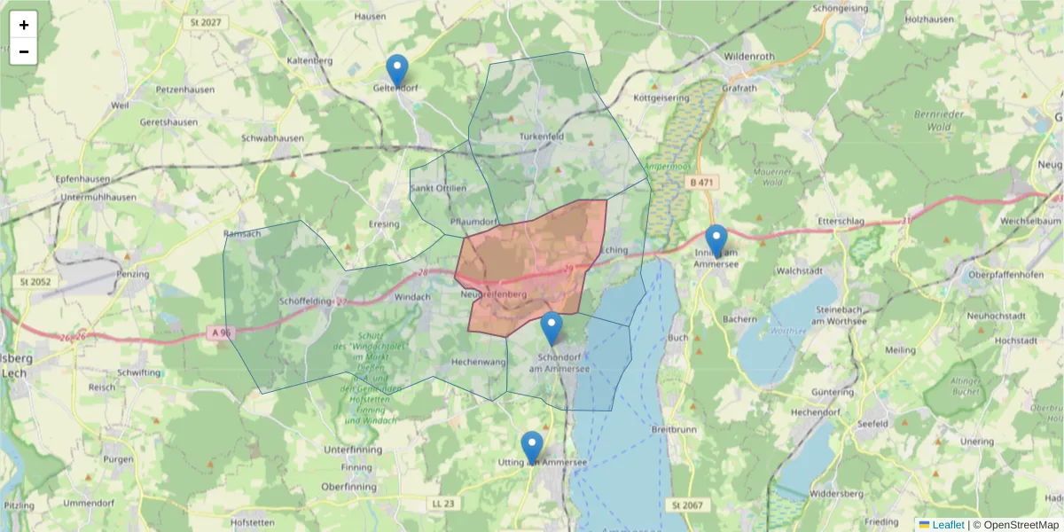 Karte des Postleitzahlen Bereichs  und der umliegenden Postleitzahlen in Deutschland