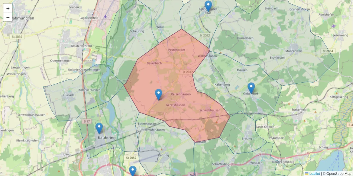 Karte des Postleitzahlen Bereichs  und der umliegenden Postleitzahlen in Deutschland