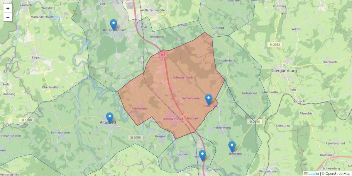 Karte des Postleitzahlen Bereichs  und der umliegenden Postleitzahlen in Deutschland